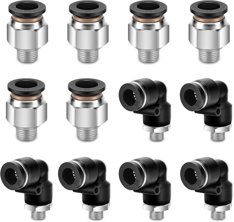 cnaodun 12 Pcs Push to Connect Fittings 3/8 Inch Tube OD x 1/8 Inch NPT Thread Pneumatic Male Straight and Elbow Quick Connect Air line fittings - Image 1